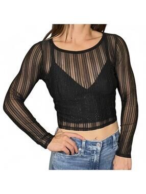 Olive Tree Black Sheer Striped Top with Glitter Details